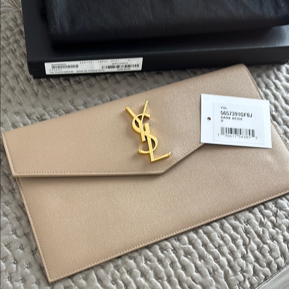 Yves Saint Laurent Beige Uptown Clutch with Gold Logo
